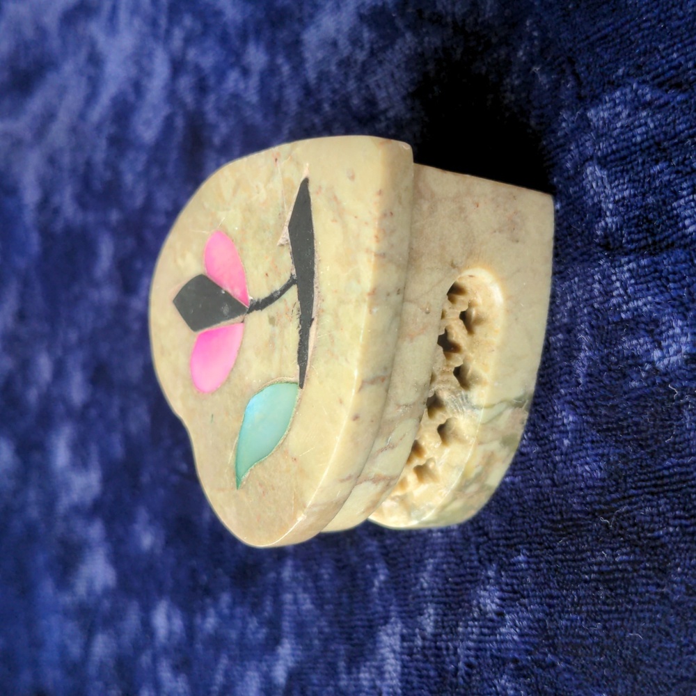 Vintage handmade carved stone heart jewelry box w mother of pearl inlay